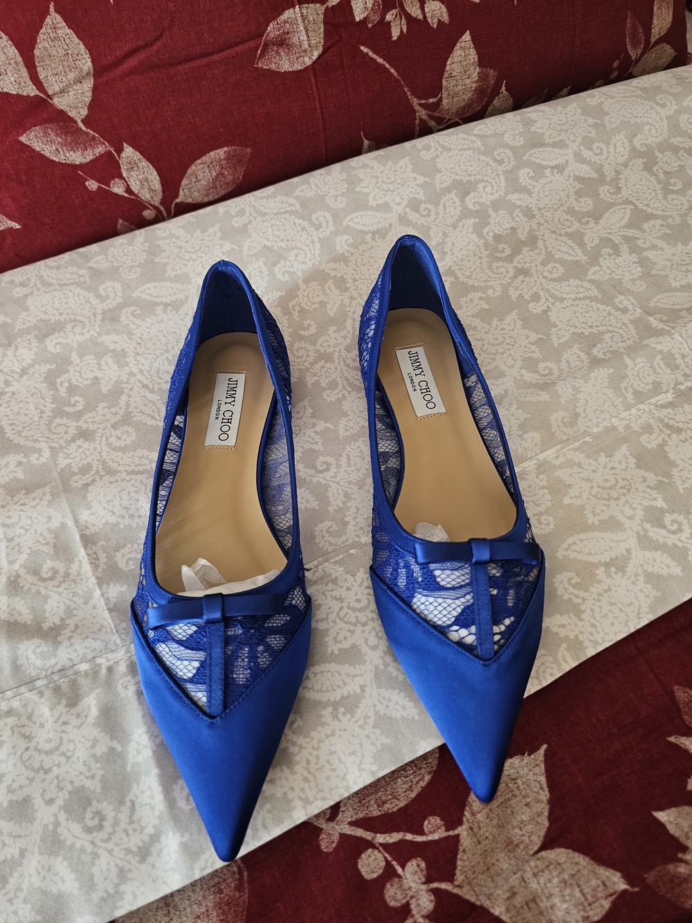 Jimmy Choo Royal Blue Pointed Lace Flats